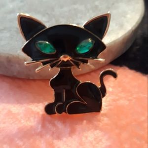 Black Cat Emerald Green Eyes Kitty Metal Pin Brooch
